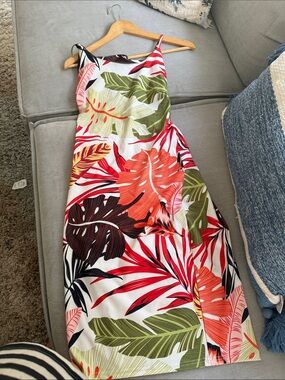 Tropical Leaf Print Midi Dress - White Background with Green & Coral Leaves